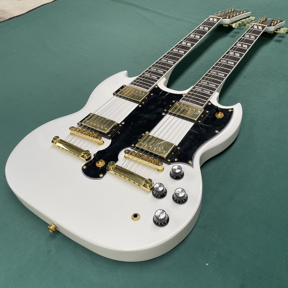 Electric Guitar Beginner - Double-neck white 6-string 12-string electric guitar,